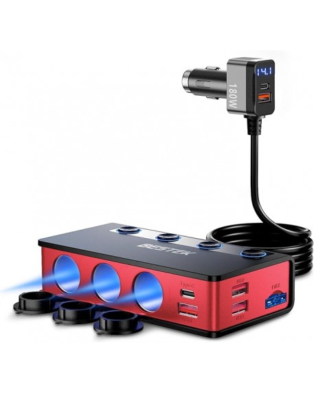 BESTEK 180W Cigarette Lighter Adapter Splitter with PD36W/65W and QC3.0 18W LED Voltage Display for 12V/24V Vehicles Red